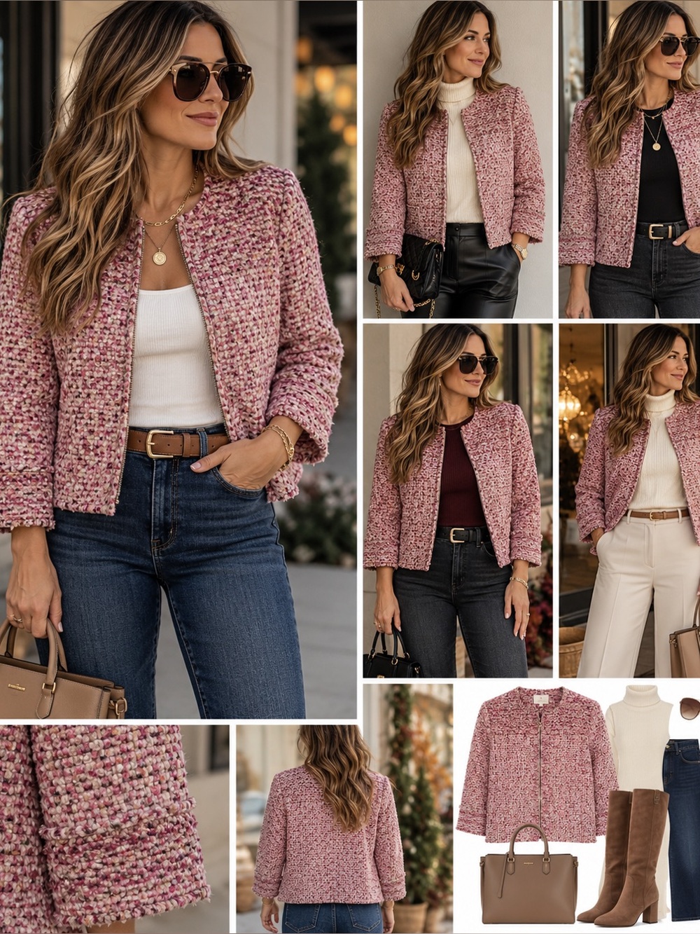 Etcetera Pink Tweed Bouclé Fringe Zip Jacket Blazer Size 12